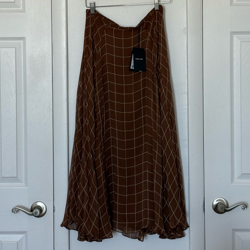 Massimo Dutti Brown Windowpane A-Line Maxi Skirt